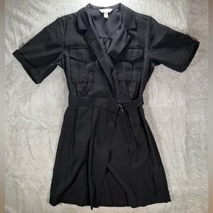Nine West Midi Shirt Dress Women's Small Black Short Sleeve Collar V Neck